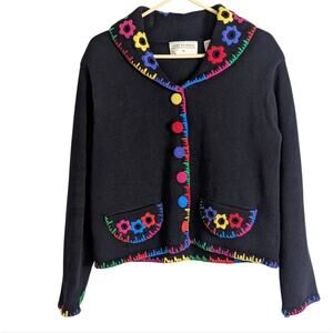 Vintage Art to Wear Colorful Embroidered Tight Knit Cardigan Women's M